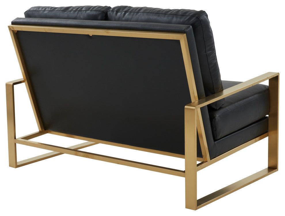 LeisureMod Jefferson Leather Modern Design Loveseat With Gold Frame, Black