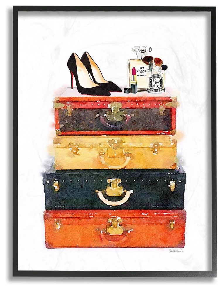 Stupell Ind. Luggage Stack Shoes And Makeup Framed Giclee, 16"x20"