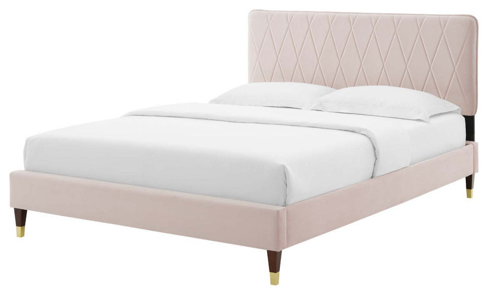 Platform Bed Frame, Full Size, Velvet, Pink, Modern Contemporary, Bedroom Master
