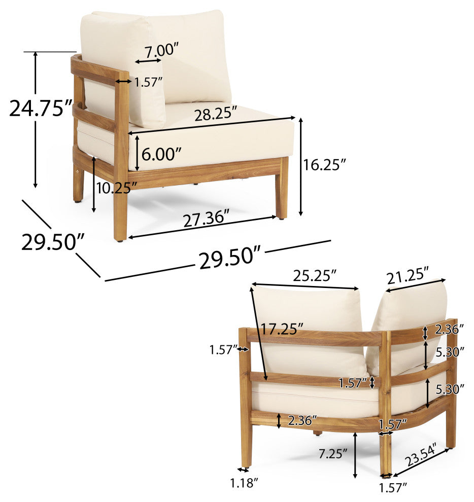 The Crowne Outdoor Acacia Wood and Round Wicker 5 Seater Sectional Sofa Chat Set, Teak/Mixed Brown/Beige/Light Gray