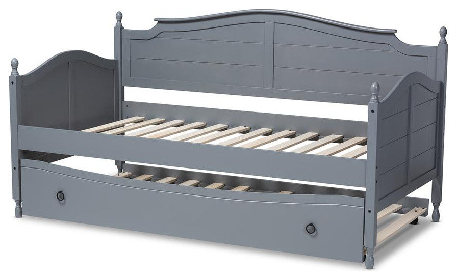 Mara Cottage Farmhouse Gray Wood Twin Size Daybed With Roll-Out Trundle Bed