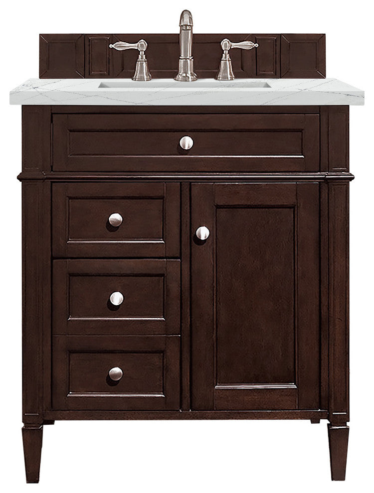James Martin 650-V30-BNM-3ENC 30" Single Vanity Burnished Mahogany + Quartz Top