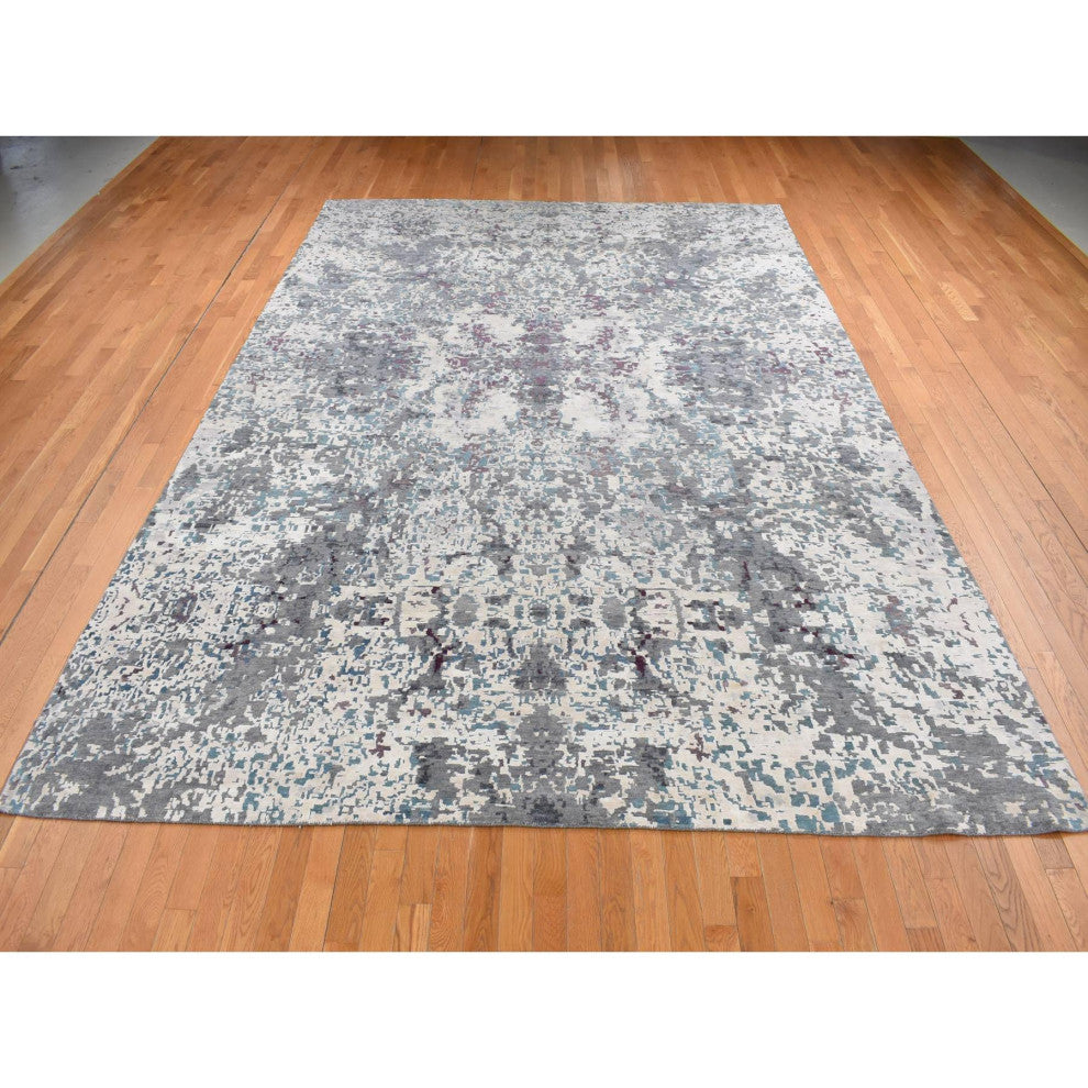 Carbon Gray Modern Abstract Design Hand Knotted Wool and Silk Rug 9'10"x13'7"