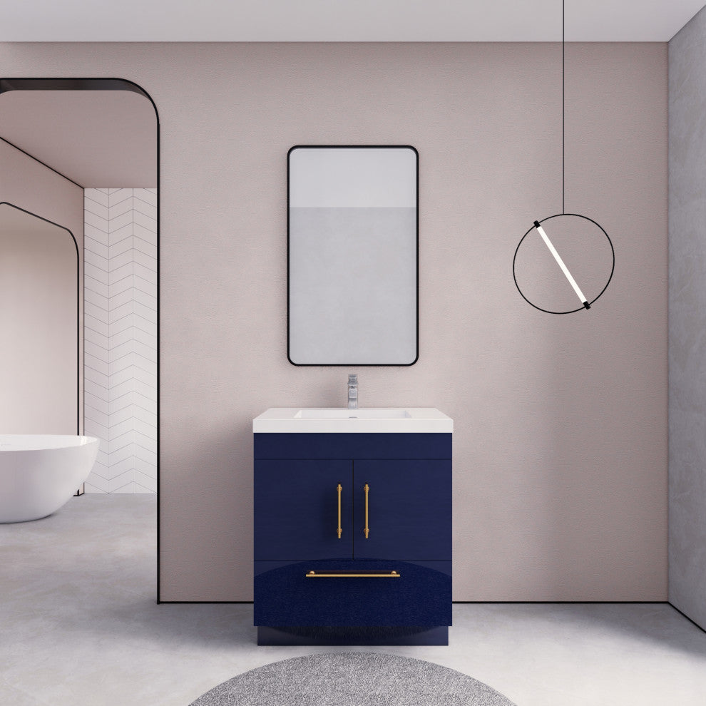 Rosa 30" Free Standing Modern Vanity, High Gloss Night Blue, Glossy White Top