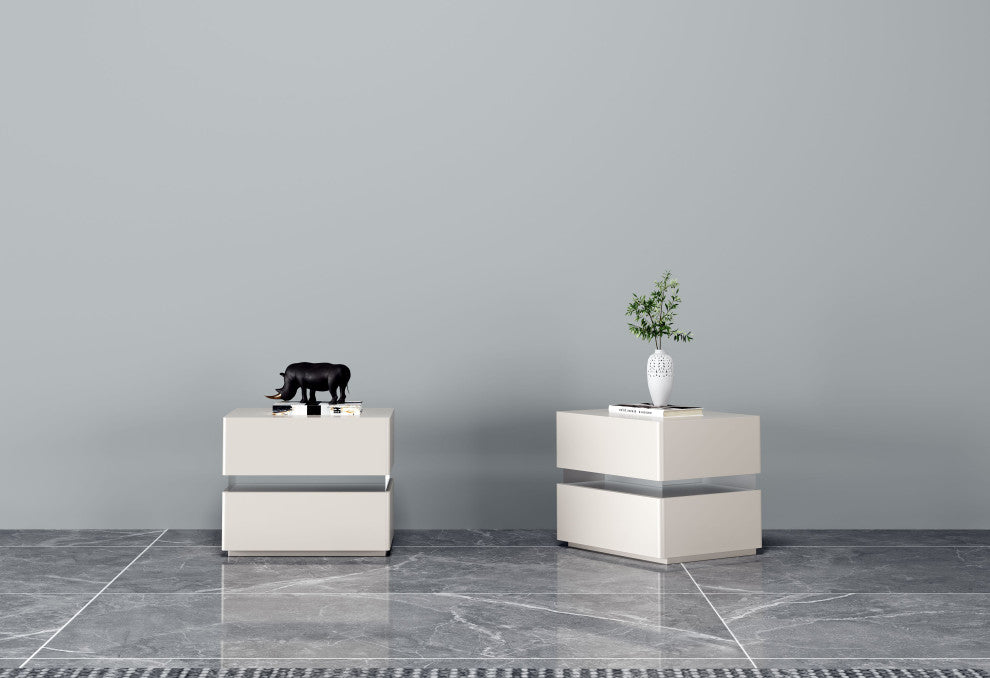 Modern Night Stand with Human Induction Atmosphere Lamp, Cream White, Includes Wireless Charging
