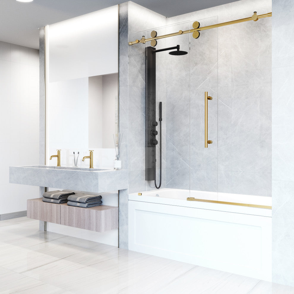 VIGO Elan 56" to 60" W x 66" H Frameless Sliding Tub Door, Matte Gold, Laminated Glass