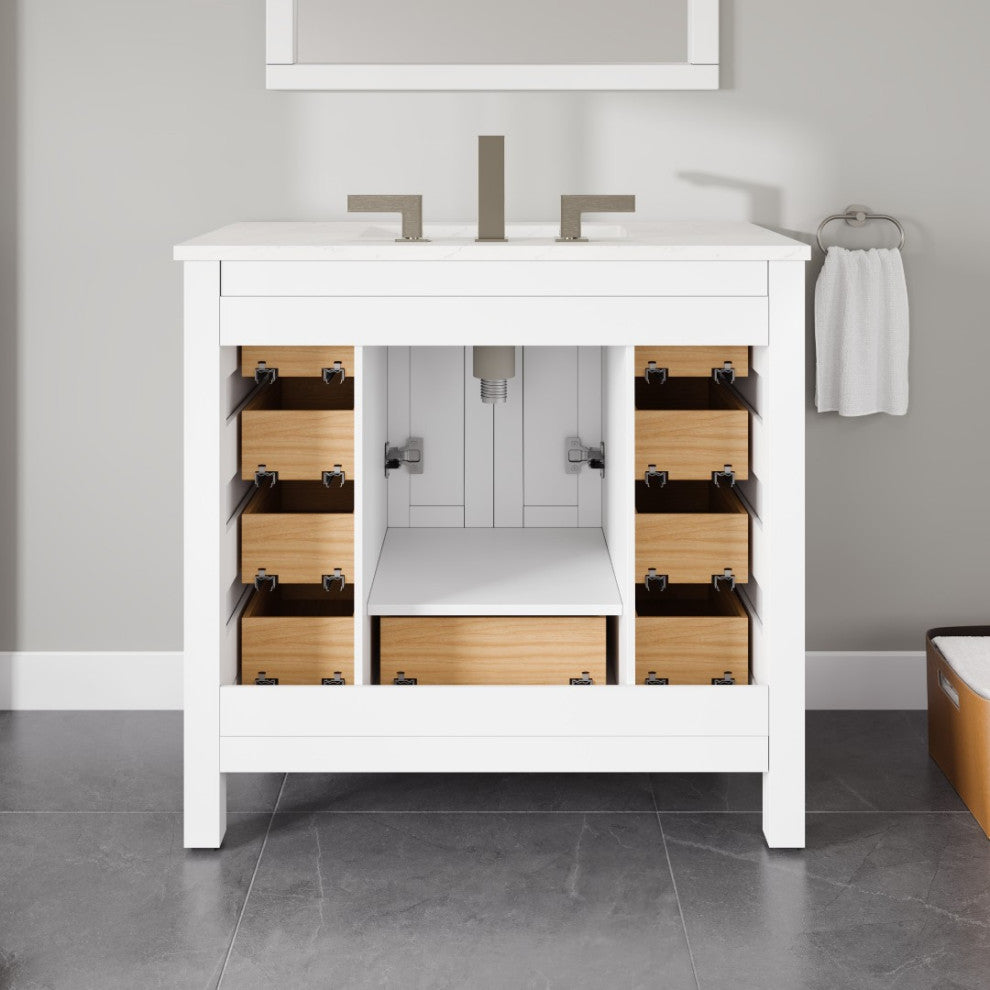 Eviva Hampton 36"W White Bathroom Vanity With White Carrara Quartz Countertop