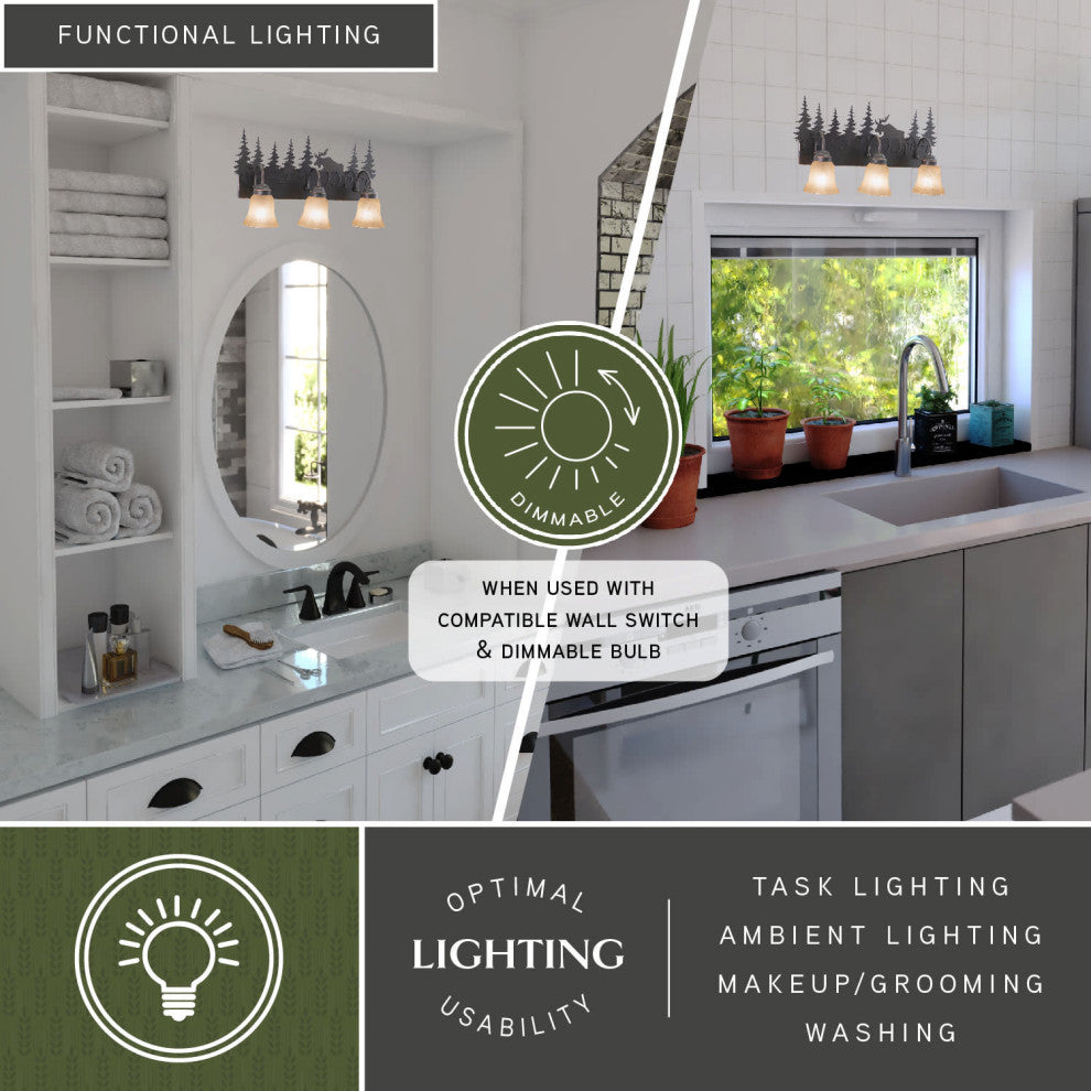 Bryce Bronze Rustic Bathroom Wall Fixture, Moose, 3-Light