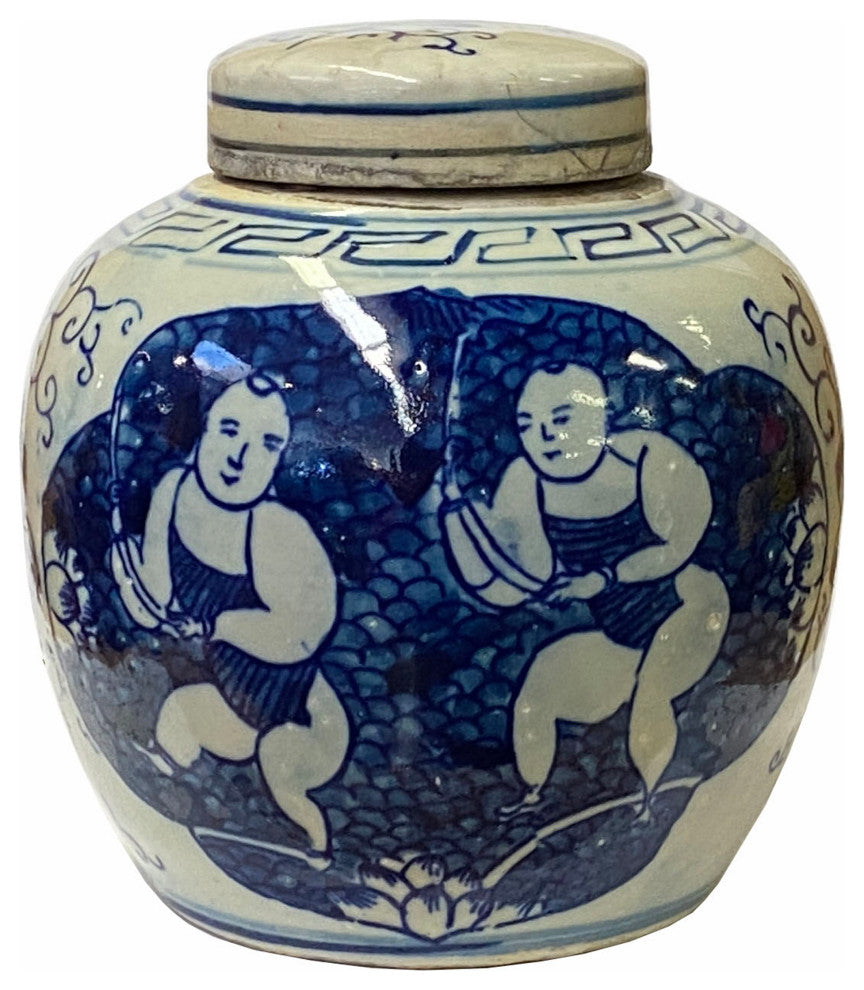 Chinese Oriental Small Blue White Twin Kids Porcelain Ginger Jar Hws1858
