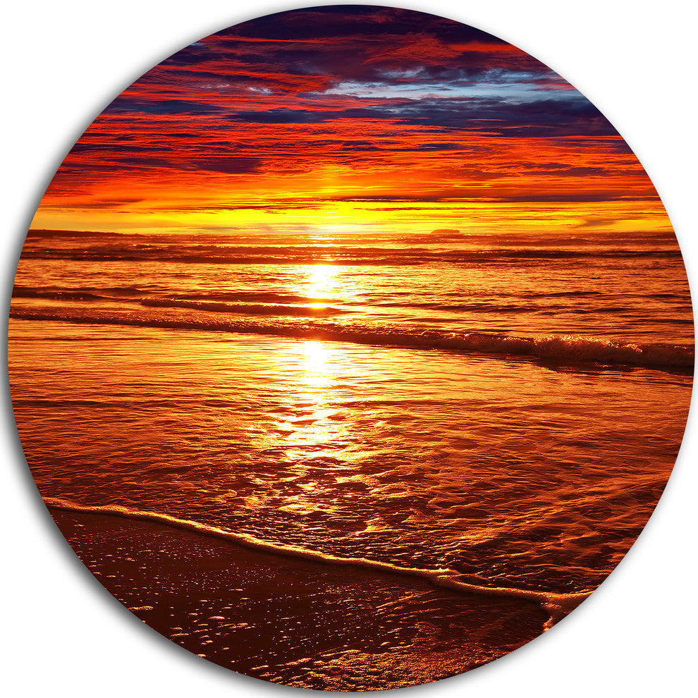 Colorful Sunset Mirrored In Waters, Beach Round Metal Wall Art, 23"