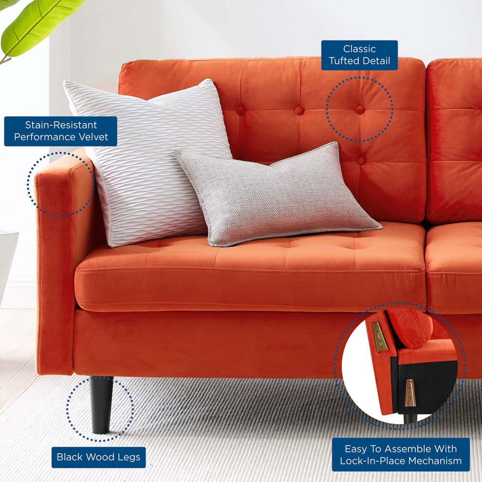 Tufted Sofa, Velvet, Orange, Modern, Living Lounge Room Hotel Lobby Hospitality