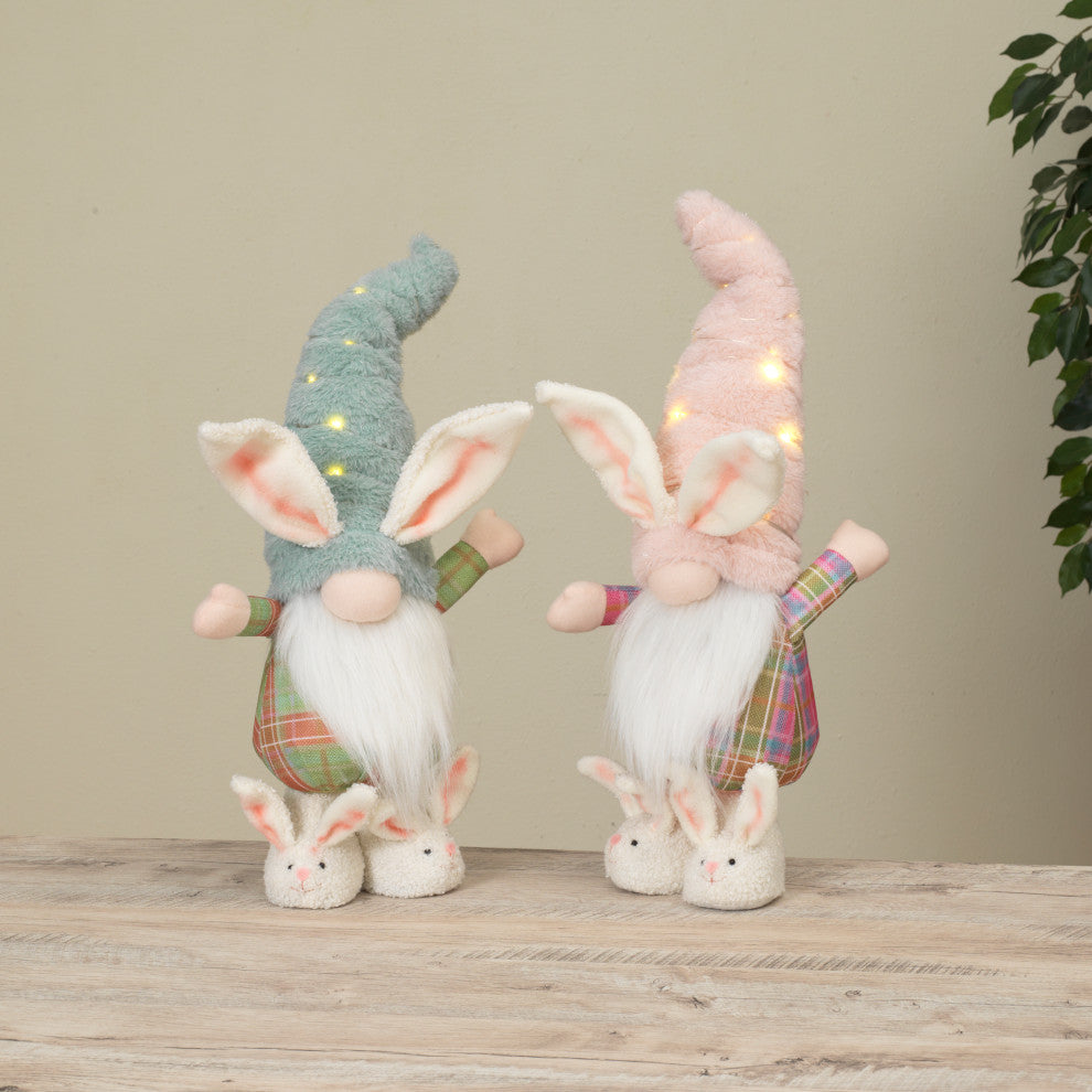 Set of 2, Assorted 17" Battery Operated Fabric Standing Bunny Gnomes