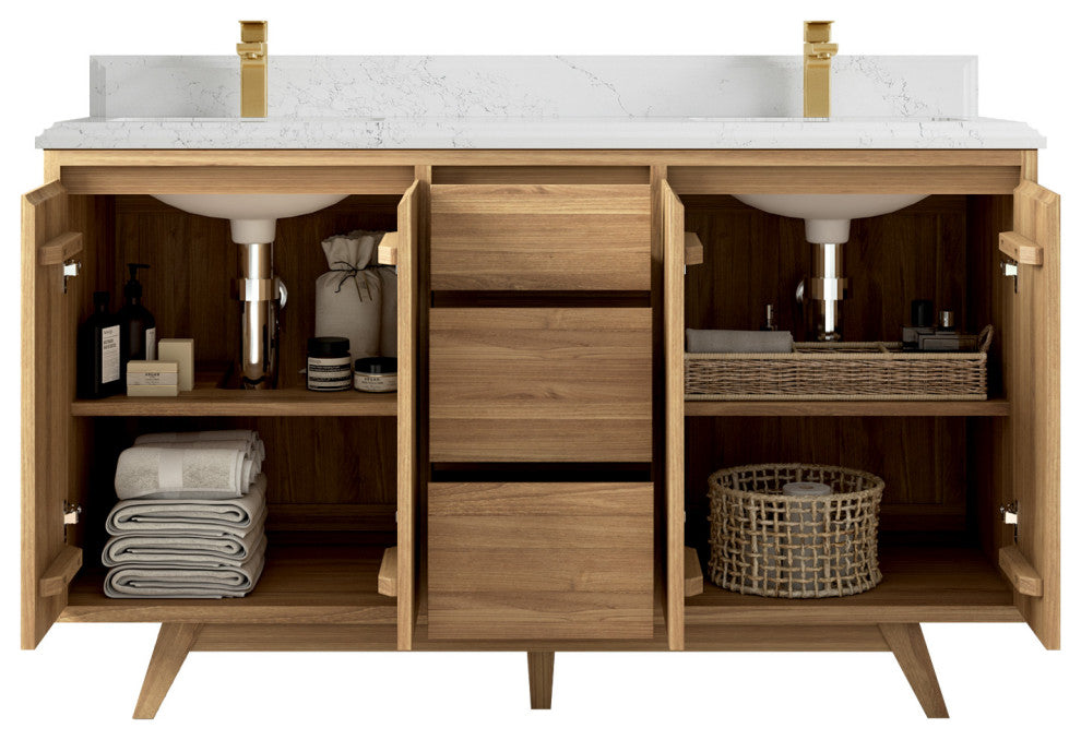 Madison Teak 60 Double Bathroom Vanity in Light Natural 1.5" Empira Quartz