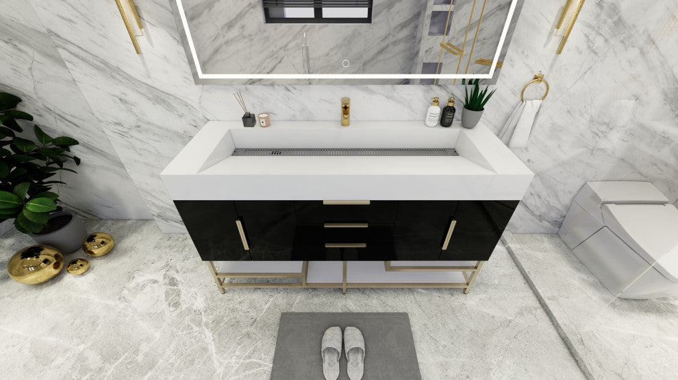 Madison 60" Free Standing Single Sink Vanity with Reinforced Acrylic Sink, High Gloss Black