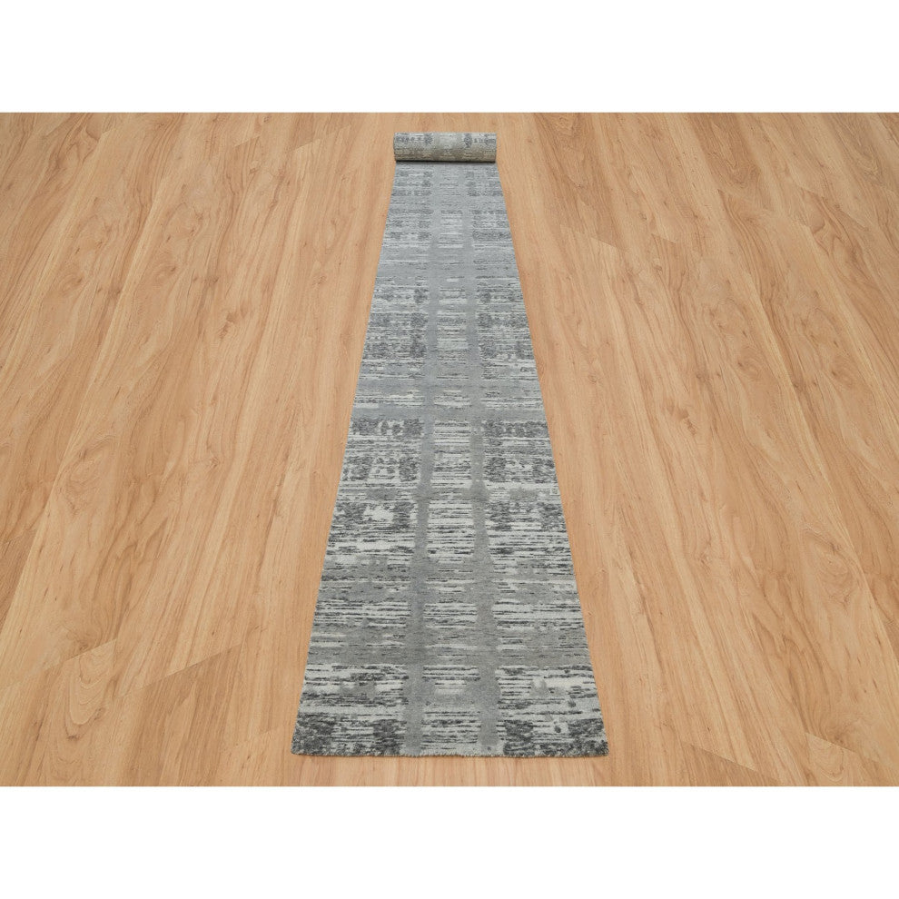 Gray, Hand Spun Wool, Hand Knotted, Modern Design, XL Runner Rug, 2'7"x25'6"