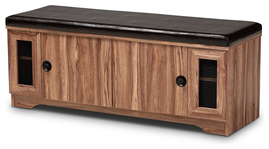 Modern Dark Brown Faux Leather 2- Door Wood Shoe Storage with Screen Inserts