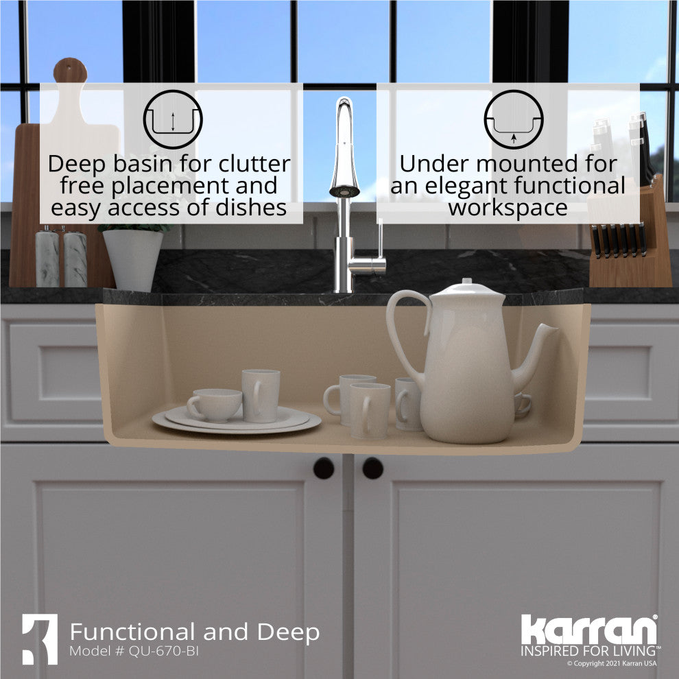 Karran Undermount Quartz 32" Single Bowl Kitchen Sink Kit, Bisque