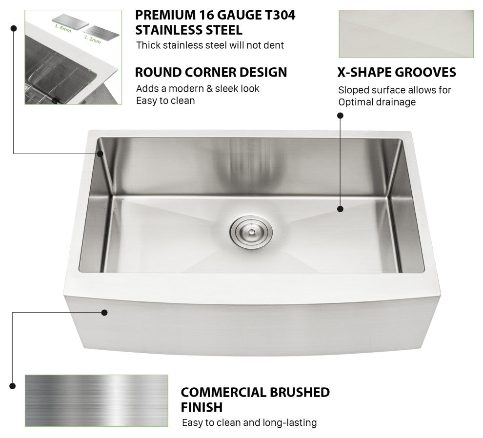 Farmhouse 16 Gauge Stainless Steel Apron Front Deep Single Bowl Kitchen Sink, 33x21x10