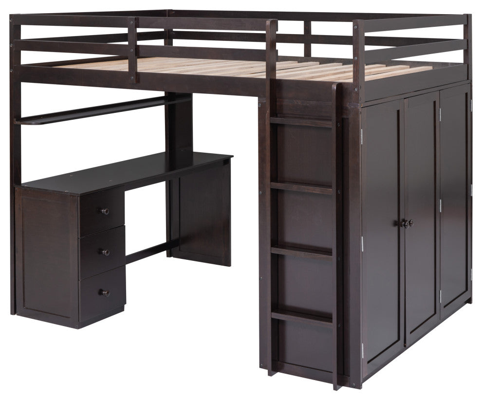 Gewnee Full size Wood Loft Bed with Drawers,Desk and Wardrobe in Espresso
