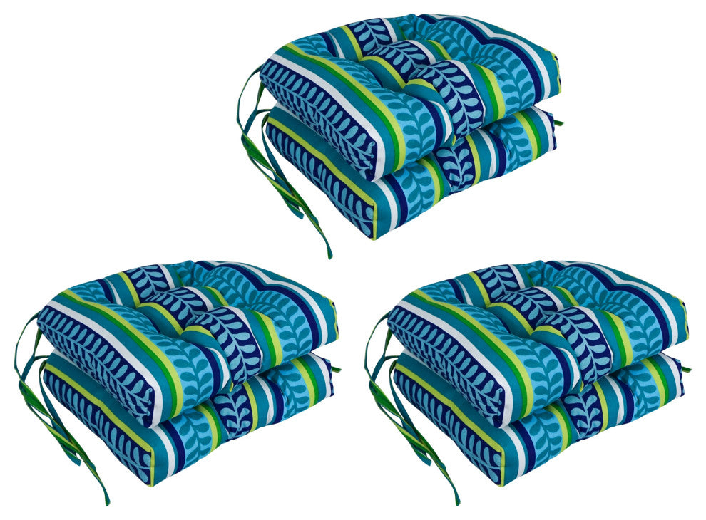 16" Patterned Outdoor U-Shaped Tufted Chair Cushions, Set of 6, Pike Azure