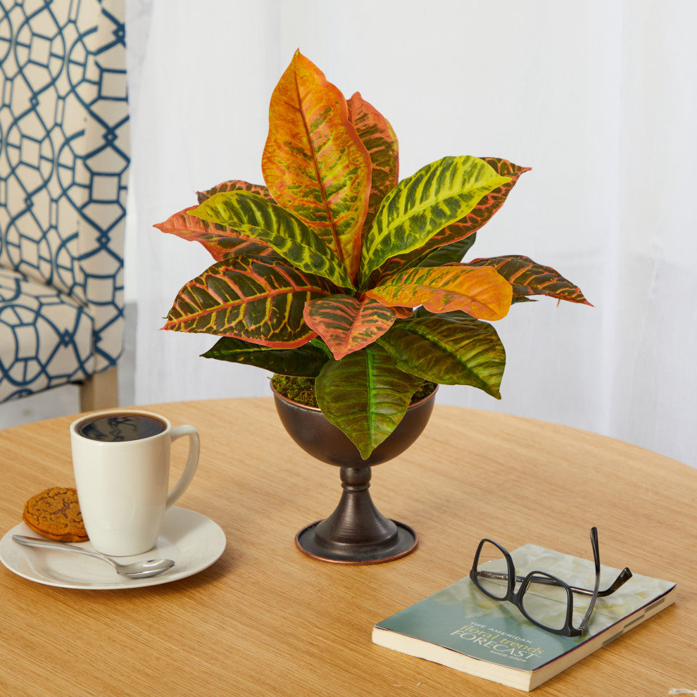 14" Garden Croton Artificial Plant, Metal Chalice, Real Touch
