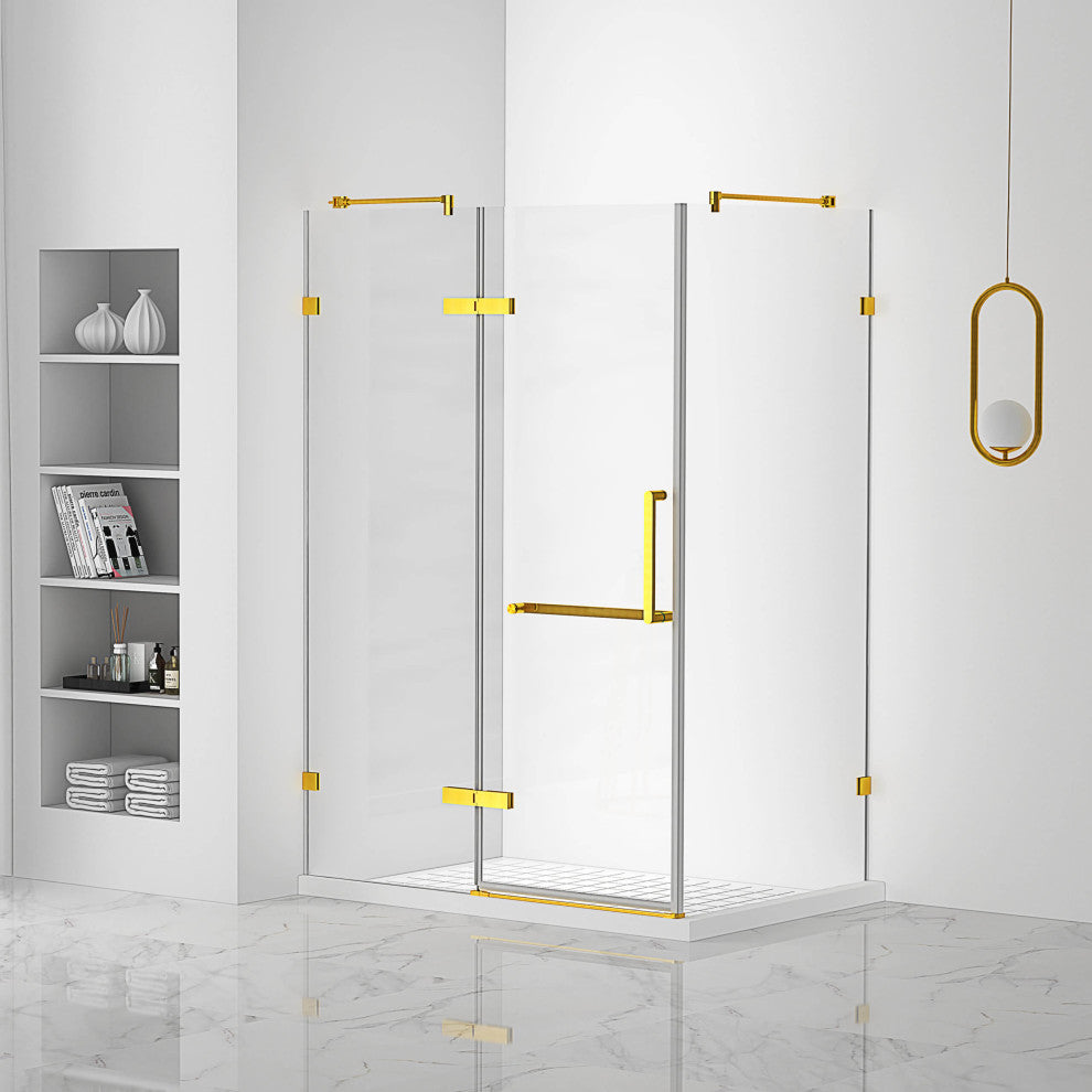 Shower Enclosure Hinged Frameless Tempered Glass, Satin Brass, 32"