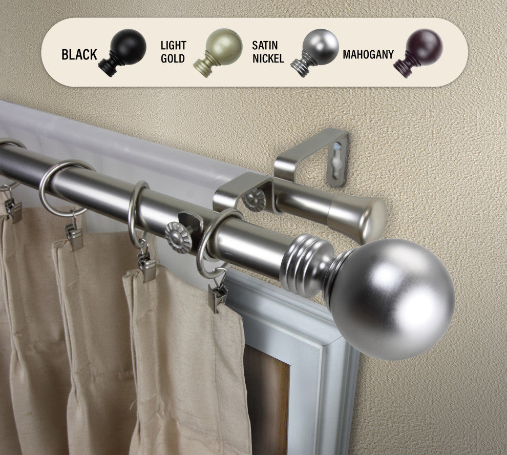 Globe Double Curtain Rod, Satin Nickel, 28-48"