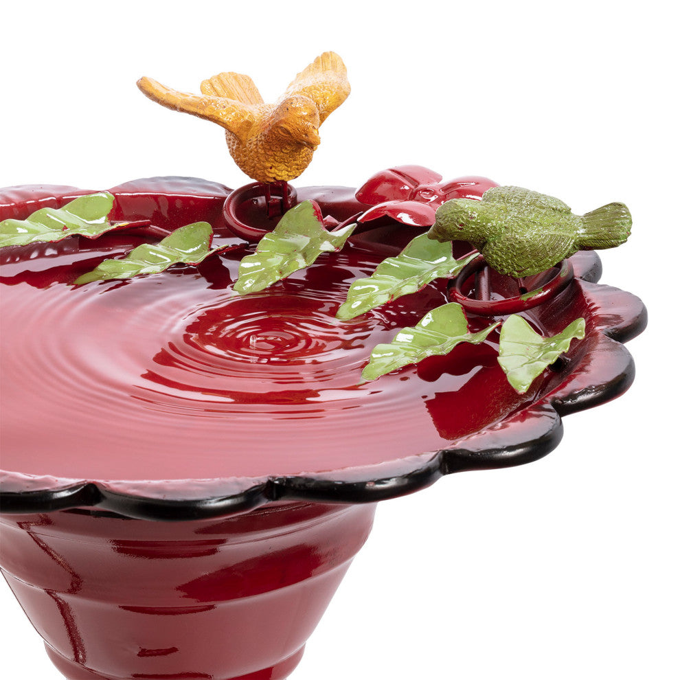 28" Tall Outdoor Metal Birdbath with Birds and Leaves Yard Statue, Red