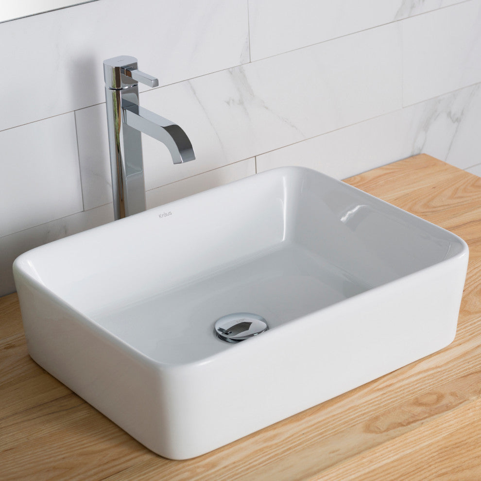 Elavo Square Ceramic Vessel Sink, Bathroom Ramus Faucet, PU Drain, Chrome