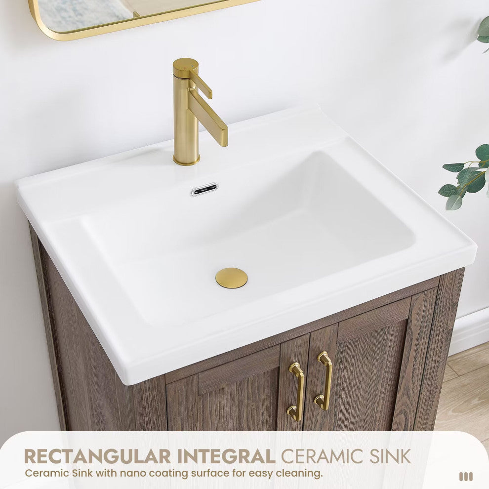 Gela Single Bath Vanity with Ceramic Basin Top, Spruce Vintage Brown, 24", No Mirror