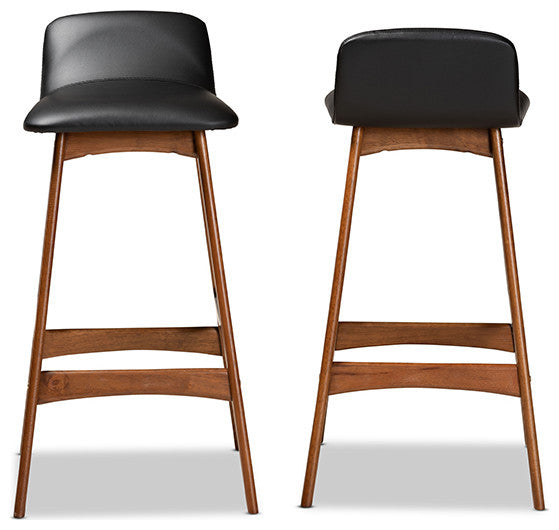Cathryn Modern Black Faux Leather and Walnut Stools, Set of 2, Bar Height