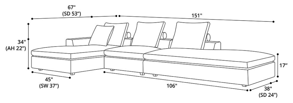 Lucerne Modular Chaise, Ashen Fabric, Ashen Fabric, Set12b-3pc