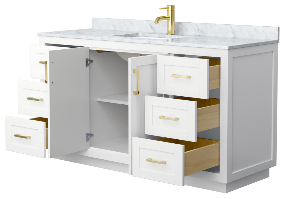 60" Single Bath Vanity, White, White Carrara Countertop, Sink, Gold Trim