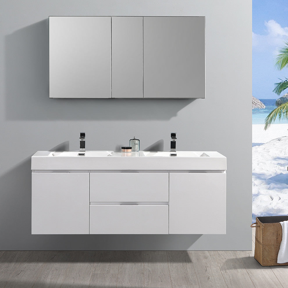 Valencia 60" Glossy White Wall Hung Double Sink Vanity, Faucet FFT1053CH