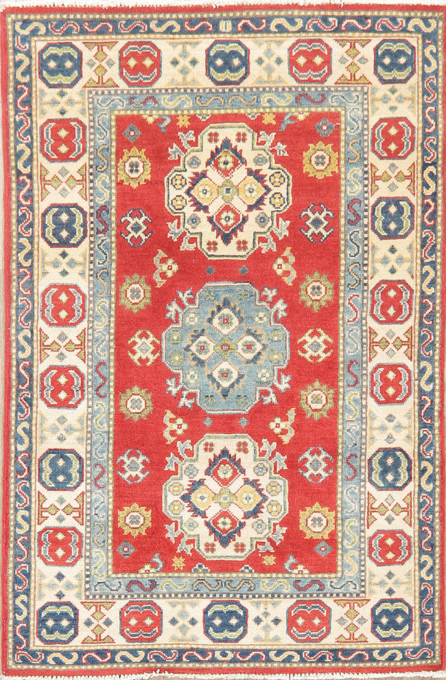 Kazak Oriental Traditional Pakistani Hand Made Area Rug, Red, 5'1"x3'3