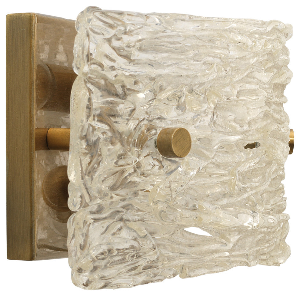 Swan Curved Glass Sconce, Small, Clear Textured Glass and Antique Brass Metal