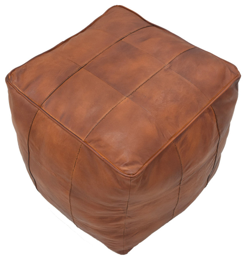 Geometric Handmade Leather Pouf, Recycled Foam With Fiber Fill, Cognac Color, Square, 16x16x16