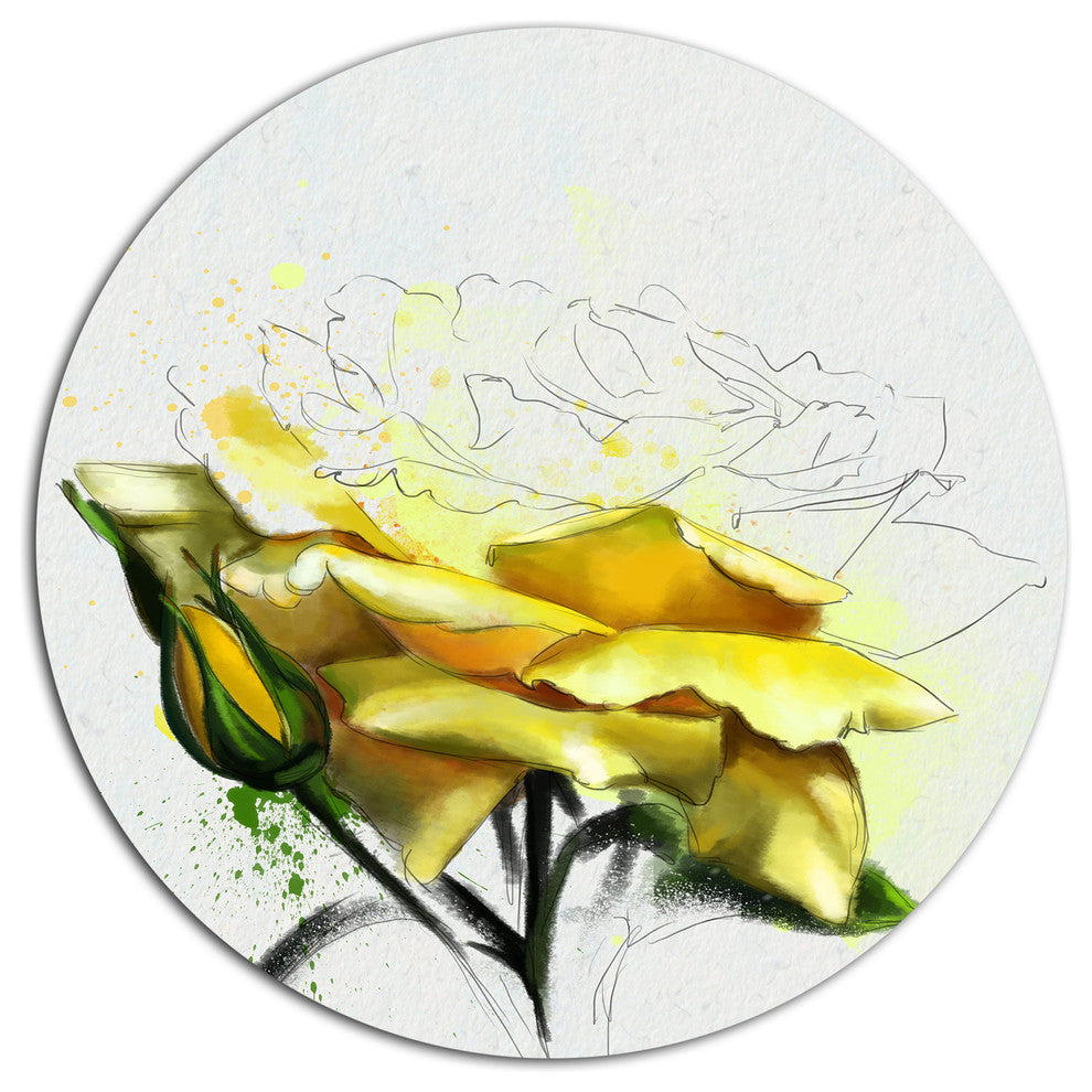 Yellow Rose Illustration Watercolor, Floral Disc Metal Wall Art, 36"