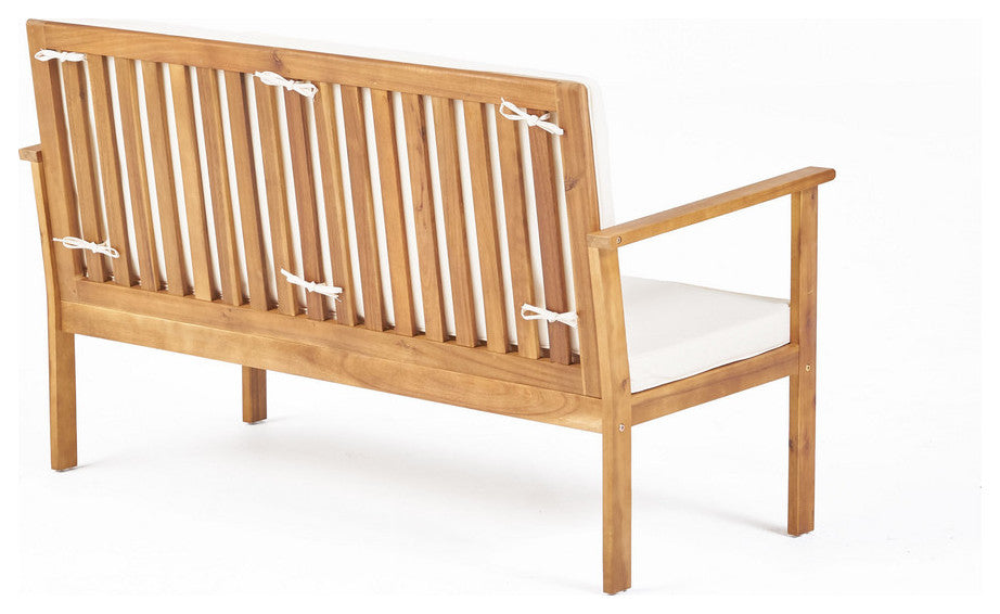 GDF Studio Lucas Outdoor Brown Patina Acacia Wood Bench With Cream Cushion