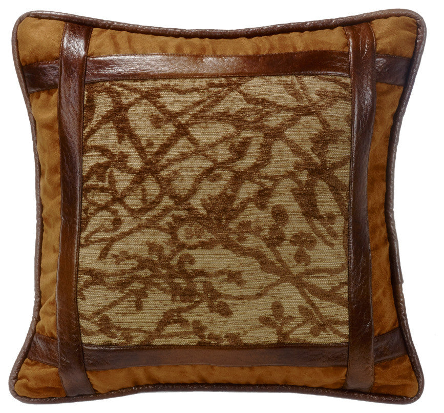 Framed Tree Pillow With Faux Leather Detail, 18x18