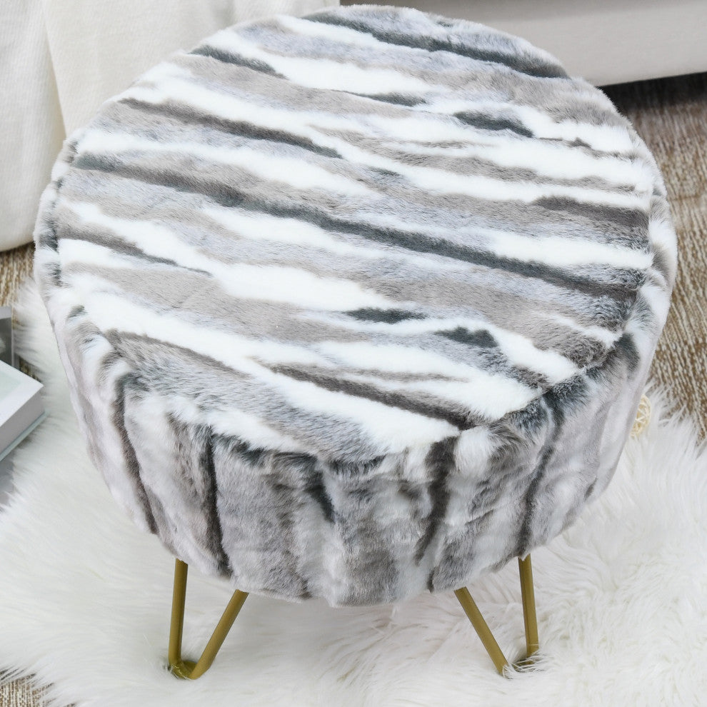 Multi Jacquard Faux Fur Round Ottoman, Grey, 18"x18"x8"