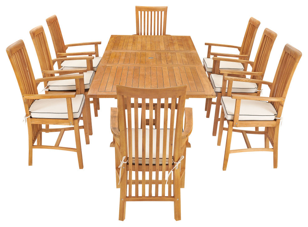 9 Piece Teak Wood Balero Outdoor Patio Dining Set, Rectangle Table, 8 Arm Chairs