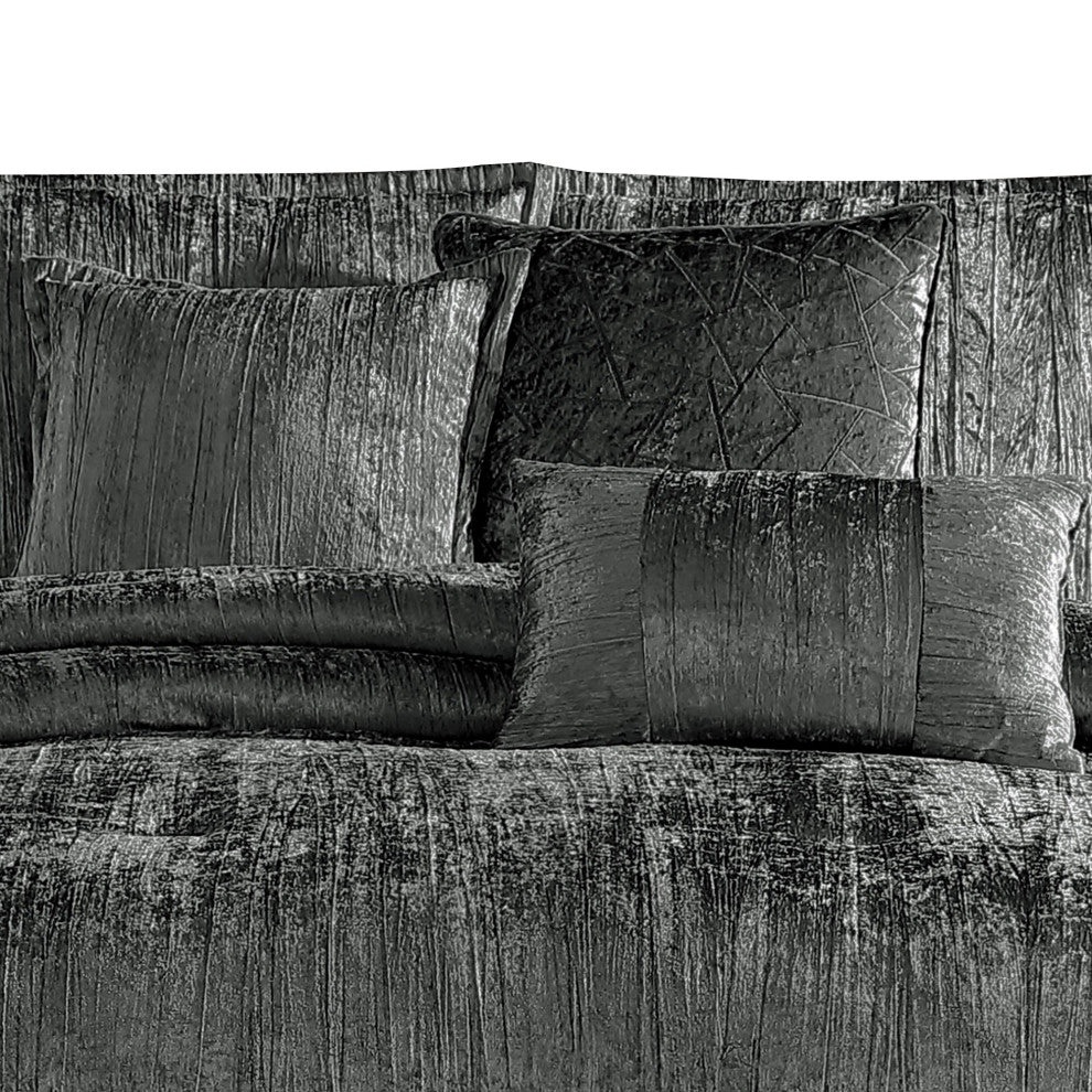Benzara BM283897 Jay 7 Piece King Comforter Set, Polyester Velvet, Texture, Gray