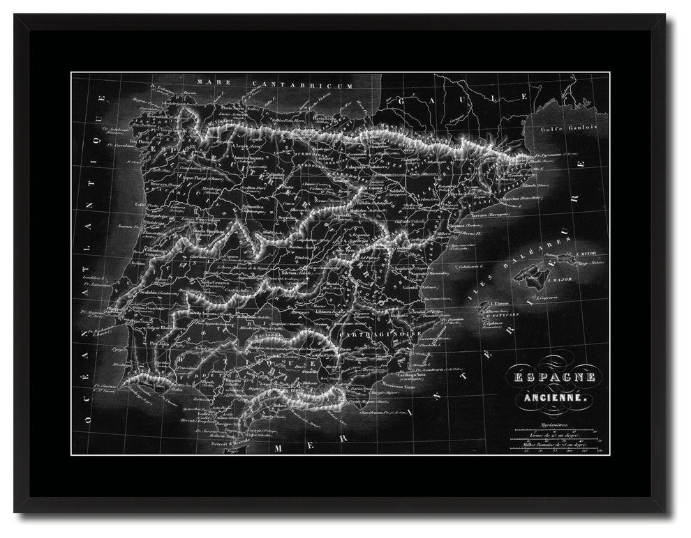 Spain Portugal Vintage Monochrome Map Canvas, 28"x37"