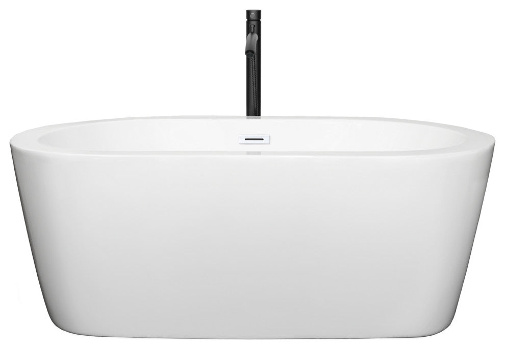 60" Freestanding Bathtub, White, White Trim, Floor Mounted Faucet, Black