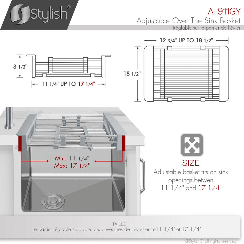 Stylish Adjustable Over the Sink Stainless Steel Dish or Vegetable Drainer
