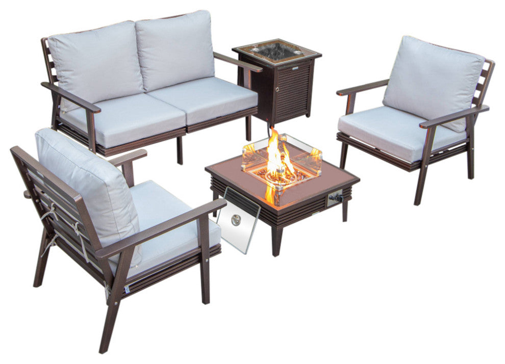 LeisureMod Walbrooke Patio Conversation Set With Fire Pit Table, Light Grey