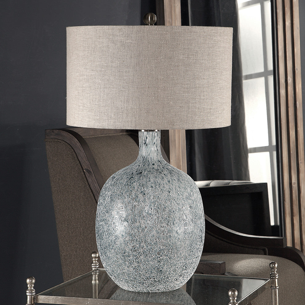 Elegant Coastal Blue Green Glass Table Lamp | White Large Gourd Round MidCentury