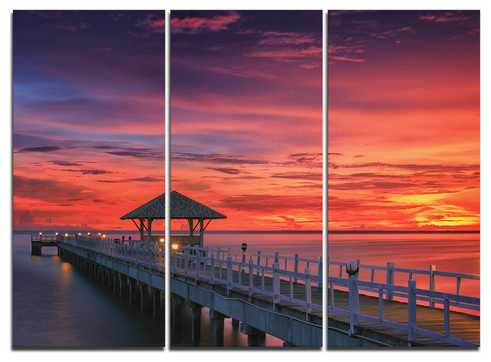 "Long Wooden Bridge and Colorful Sky" Metal Wall Art, 3 Panels, 36"x28"