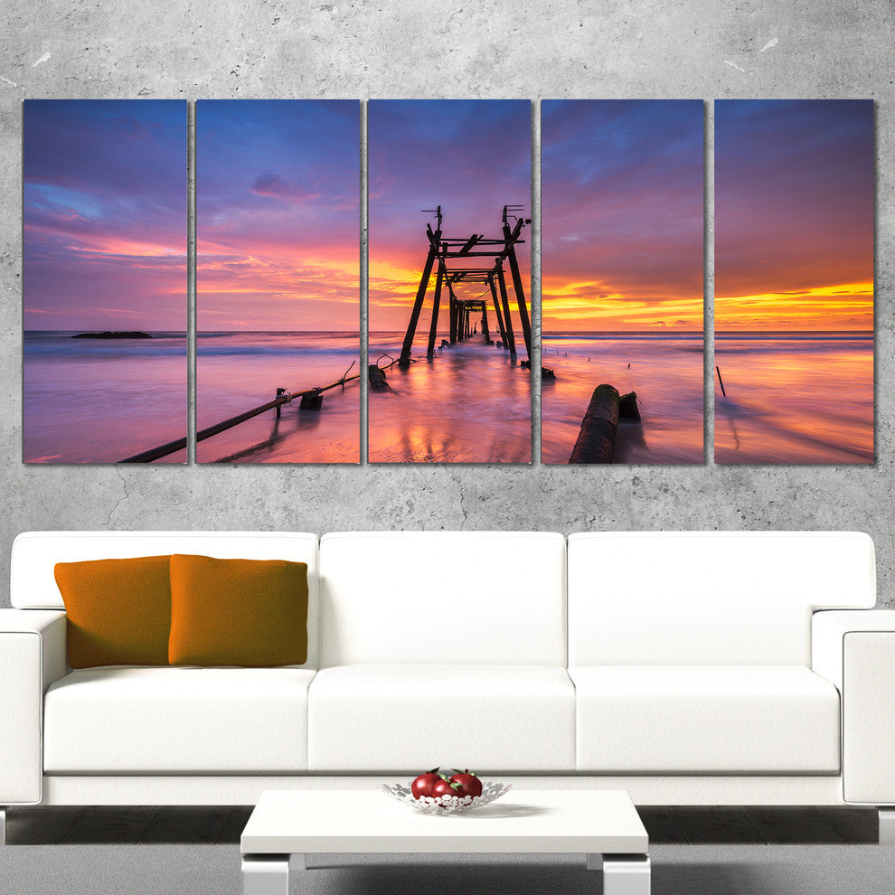 "Broken Wooden Bridge At Sunset" Sea Pier and Bridge Wall Art, 5 Panels, 60"x28"